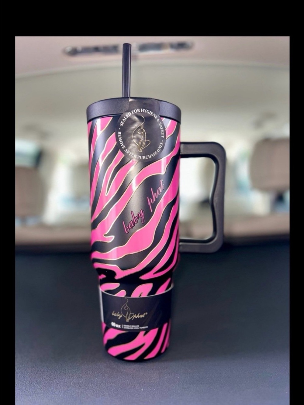 Baby Phat Pink & Black Zebra Handle Travel Tumbler with Straw